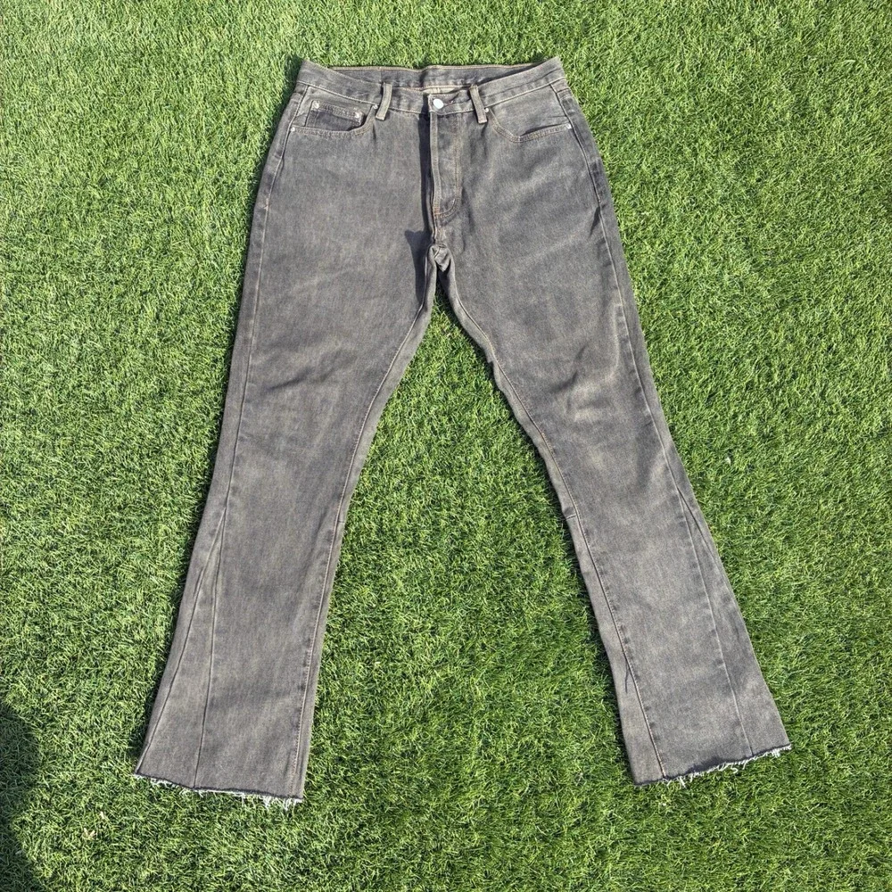 MNML Mens 31x31 Washed Dark Gray Flared Denim Jeans Raw Hem Button Fly